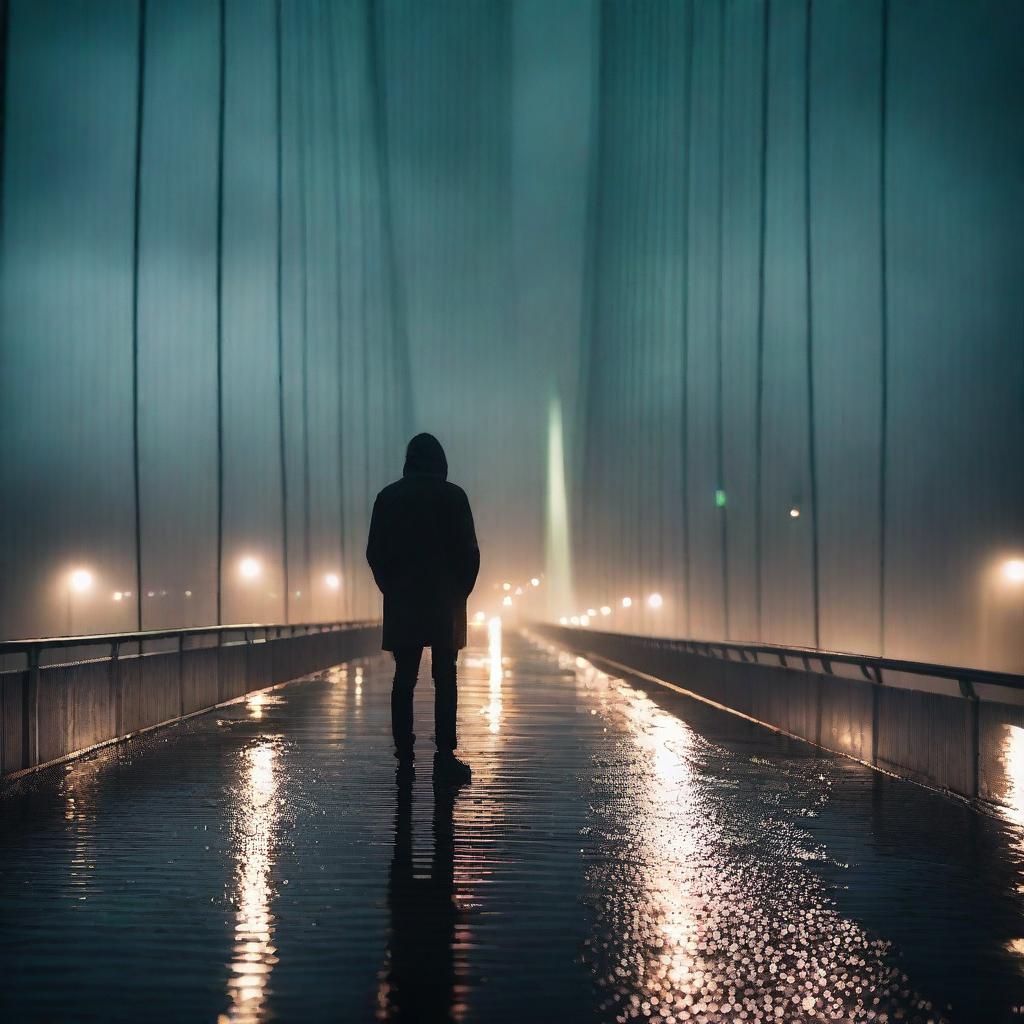 A dramatic scene of a man standing on the Humber Bridge at night while it is raining