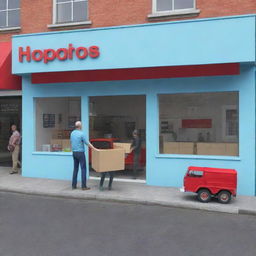 Generate a 3D image of a man handing over a box to another man in a light blue store named 'HOP ENVIOS', with a red truck parked next to the store.