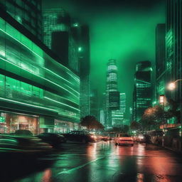 A vibrant cityscape at night, illuminated by green lights