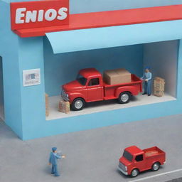 Generate a 3D image of a man handing over a box to another man in a light blue store named 'HOP ENVIOS', with a red truck parked next to the store.