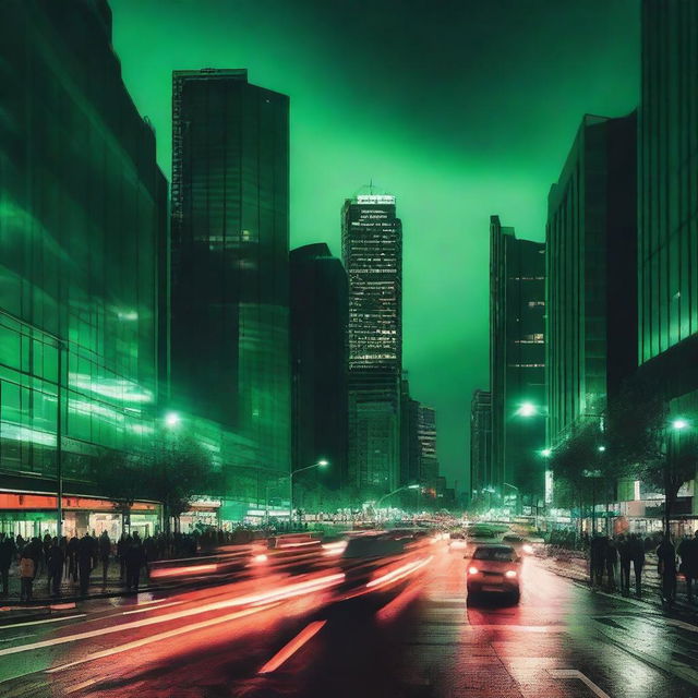 A vibrant cityscape at night, illuminated by green lights