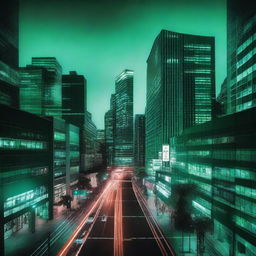 A vibrant cityscape at night, illuminated by green lights