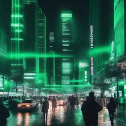 A vibrant cityscape at night, illuminated by green lights