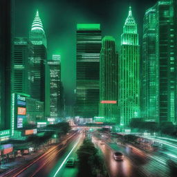 A vibrant cityscape at night illuminated by green lights