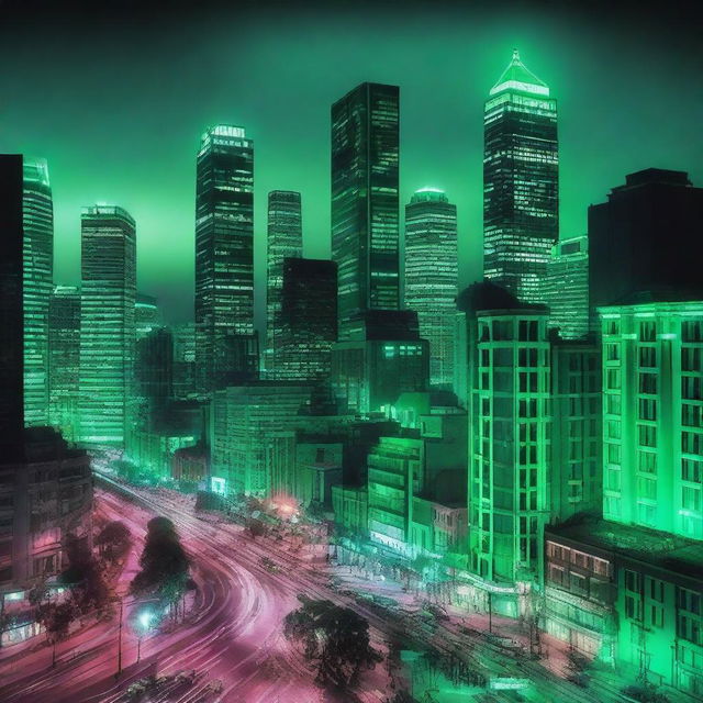 A vibrant cityscape at night illuminated by green lights