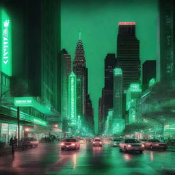 A vibrant cityscape at night illuminated by green lights