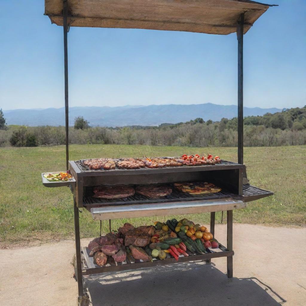 An Argentinian style outdoor grill setting with sizzling meats and vegetables, under a clear sky.