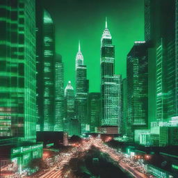 A vibrant cityscape at night illuminated by green lights