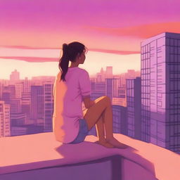 A serene scene featuring a girl sitting on the roof of an apartment building