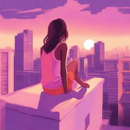 A serene scene featuring a girl sitting on the roof of an apartment building