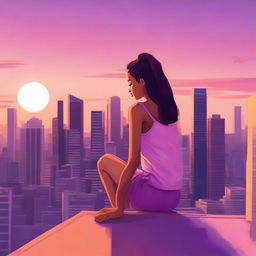 A serene scene featuring a girl sitting on the roof of an apartment building