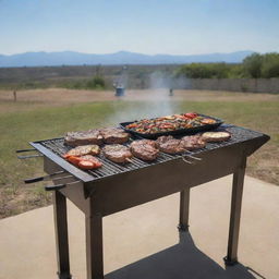 An Argentinian style outdoor grill setting with sizzling meats and vegetables, under a clear sky.