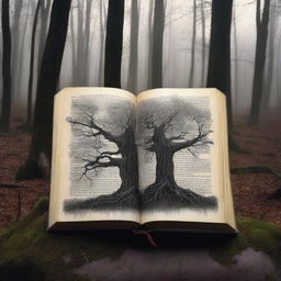 Una imagen de un libro de terror en un bosque frondoso, con detalles de filigrana en alta definición