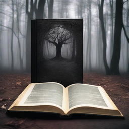 Una imagen de un libro de terror en un bosque frondoso, con detalles de filigrana en alta definición