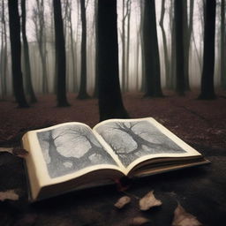 Una imagen de un libro de terror en un bosque frondoso, con detalles de filigrana en alta definición