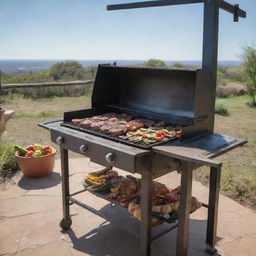 An Argentinian style outdoor grill setting with sizzling meats and vegetables, under a clear sky.