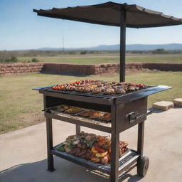 An Argentinian style outdoor grill setting with sizzling meats and vegetables, under a clear sky.