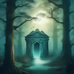 A captivating book cover featuring a mystical forest with a hidden ancient temple