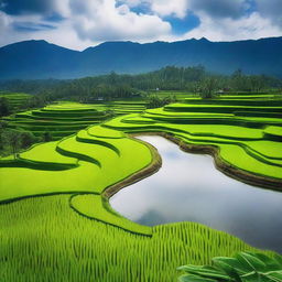 A beautiful scenic view of Indonesia, showcasing lush green rice terraces, traditional Balinese temples, and a serene beach with crystal clear waters