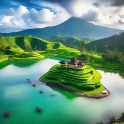 A beautiful scenic view of Indonesia, showcasing lush green rice terraces, traditional Balinese temples, and a serene beach with crystal clear waters