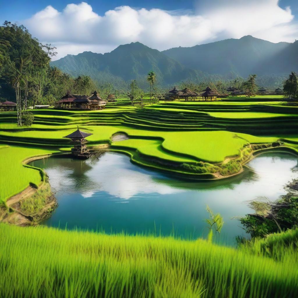 A beautiful scenic view of Indonesia, showcasing lush green rice terraces, traditional Balinese temples, and a serene beach with crystal clear waters