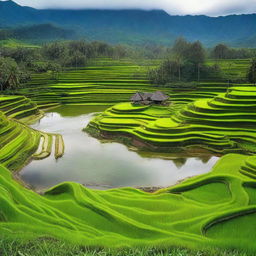 A beautiful scenic view of Indonesia, showcasing lush green rice terraces, traditional Balinese temples, and a serene beach with crystal clear waters