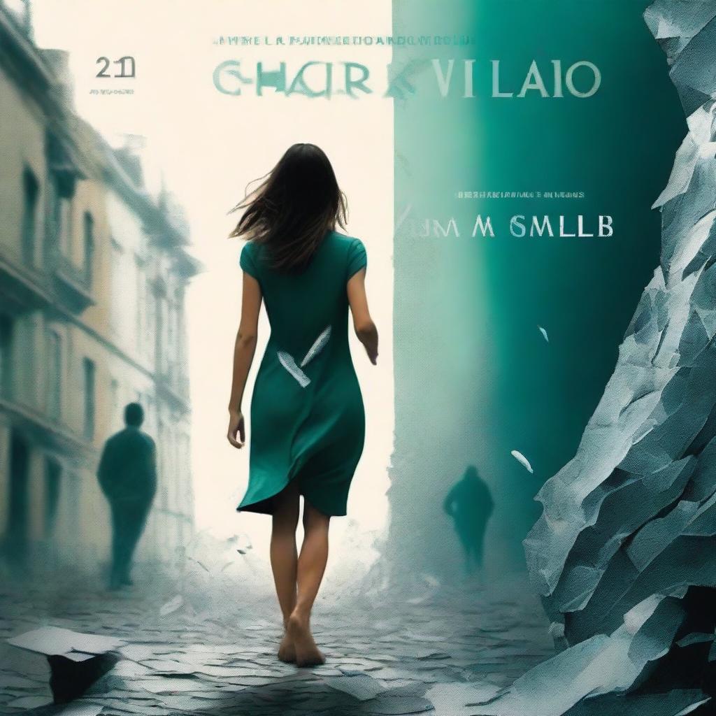 A book cover featuring a woman seen from the back walking on shards of glass, with a man in the background looking at her