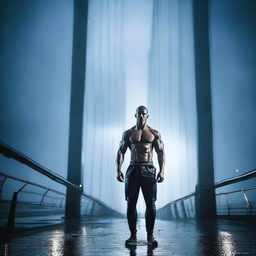 Create an image of a muscular man standing on the Humber Bridge at night while it is raining