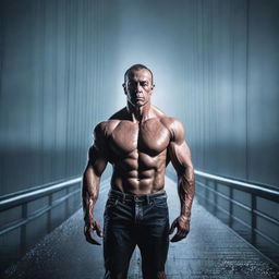 Create an image of a muscular man standing on the Humber Bridge at night while it is raining