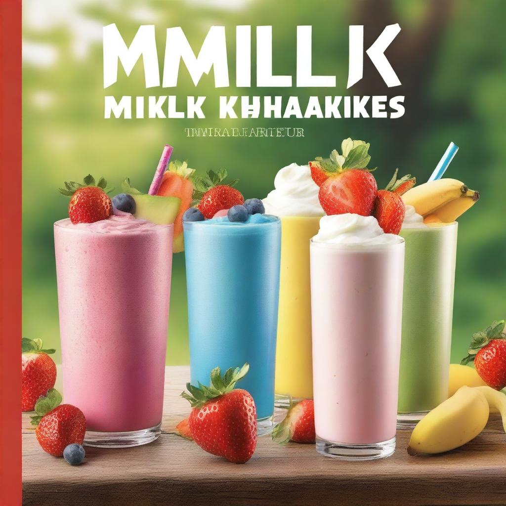 The cover should feature an array of colorful milkshakes in different glasses, each topped with whipped cream, fresh fruits, and vibrant straws