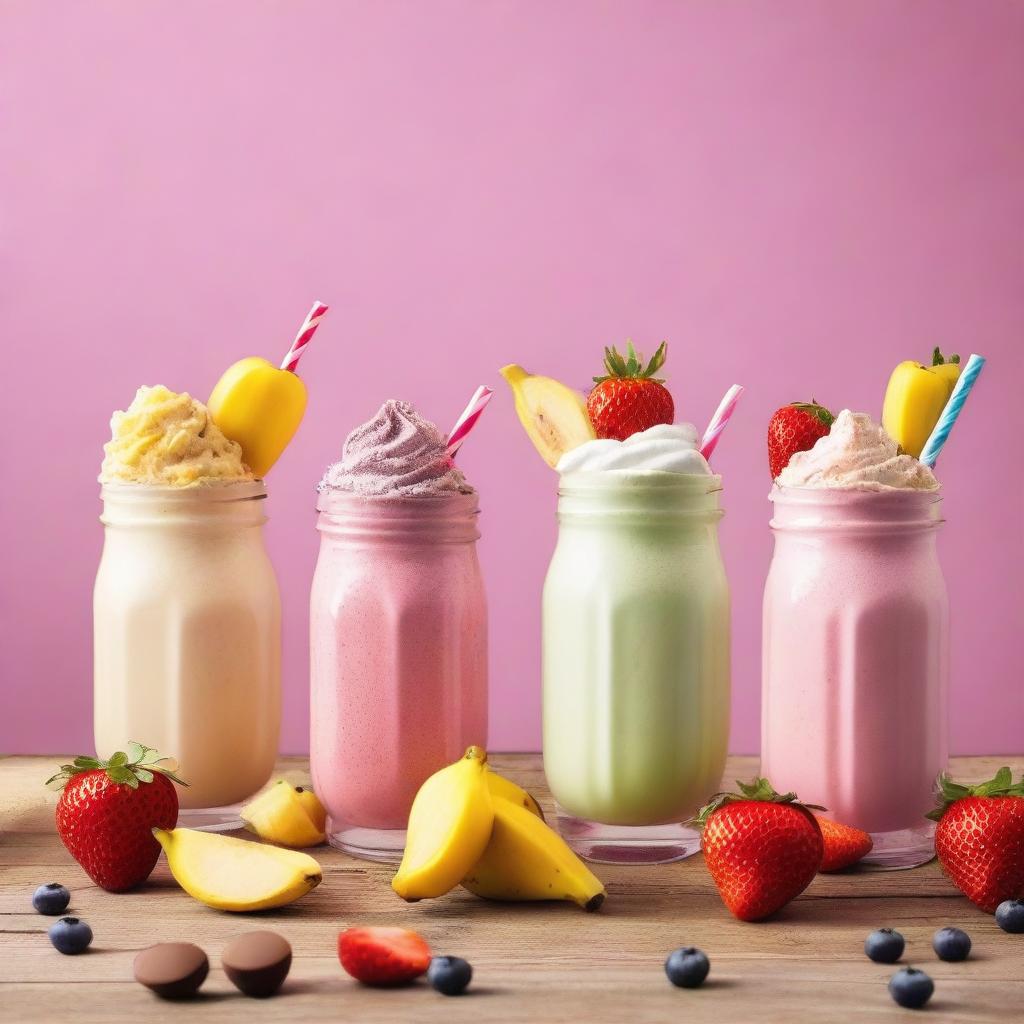 The cover should feature an array of colorful milkshakes in different glasses, each topped with whipped cream, fresh fruits, and vibrant straws