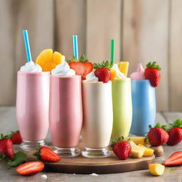 The cover should feature an array of colorful milkshakes in different glasses, each topped with whipped cream, fresh fruits, and vibrant straws