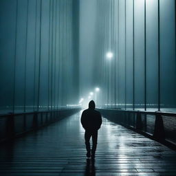 Generate an image of a dark shadow of an athletic-looking man standing on the Humber Bridge at night while it is raining