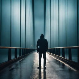 Generate an image of a dark shadow of an athletic-looking man standing on the Humber Bridge at night while it is raining