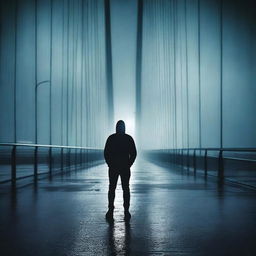 Generate an image of a dark shadow of an athletic-looking man standing on the Humber Bridge at night while it is raining