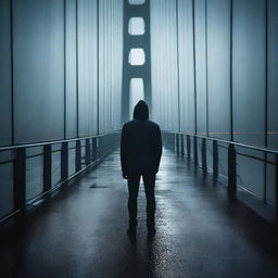 Generate an image of a dark shadow of an athletic-looking man standing on the Humber Bridge at night while it is raining