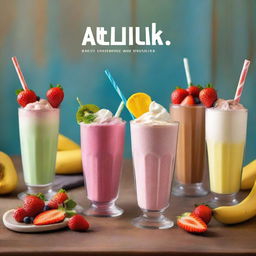 The cover should feature an array of colorful milkshakes in different glasses, each topped with whipped cream, fresh fruits, and vibrant straws