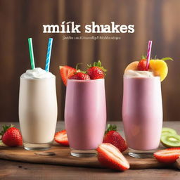 The cover should feature an array of colorful milkshakes in different glasses, each topped with whipped cream, fresh fruits, and vibrant straws