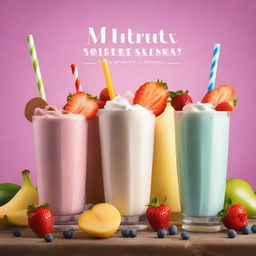 The cover should feature an array of colorful milkshakes in different glasses, each topped with whipped cream, fresh fruits, and vibrant straws