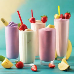 The cover should feature an array of colorful milkshakes in different glasses, each topped with whipped cream, fresh fruits, and vibrant straws