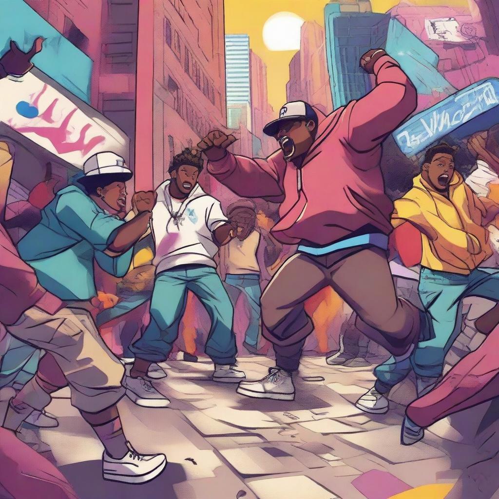 A dynamic and colorful illustration featuring a beef rap battle with characters inspired by Ayuso