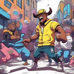 A dynamic and colorful illustration featuring a beef rap battle with characters inspired by Ayuso