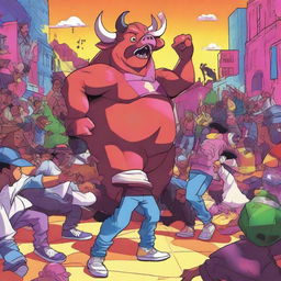 A dynamic and colorful illustration featuring a beef rap battle with characters inspired by Ayuso