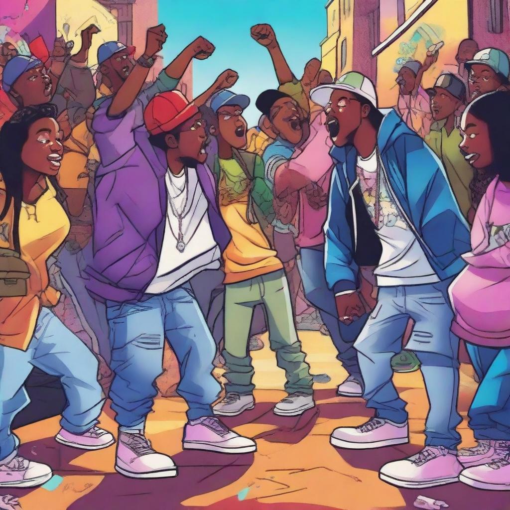 A vibrant and energetic scene of a rap battle taking place in an urban setting