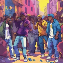 A vibrant and energetic scene of a rap battle taking place in an urban setting