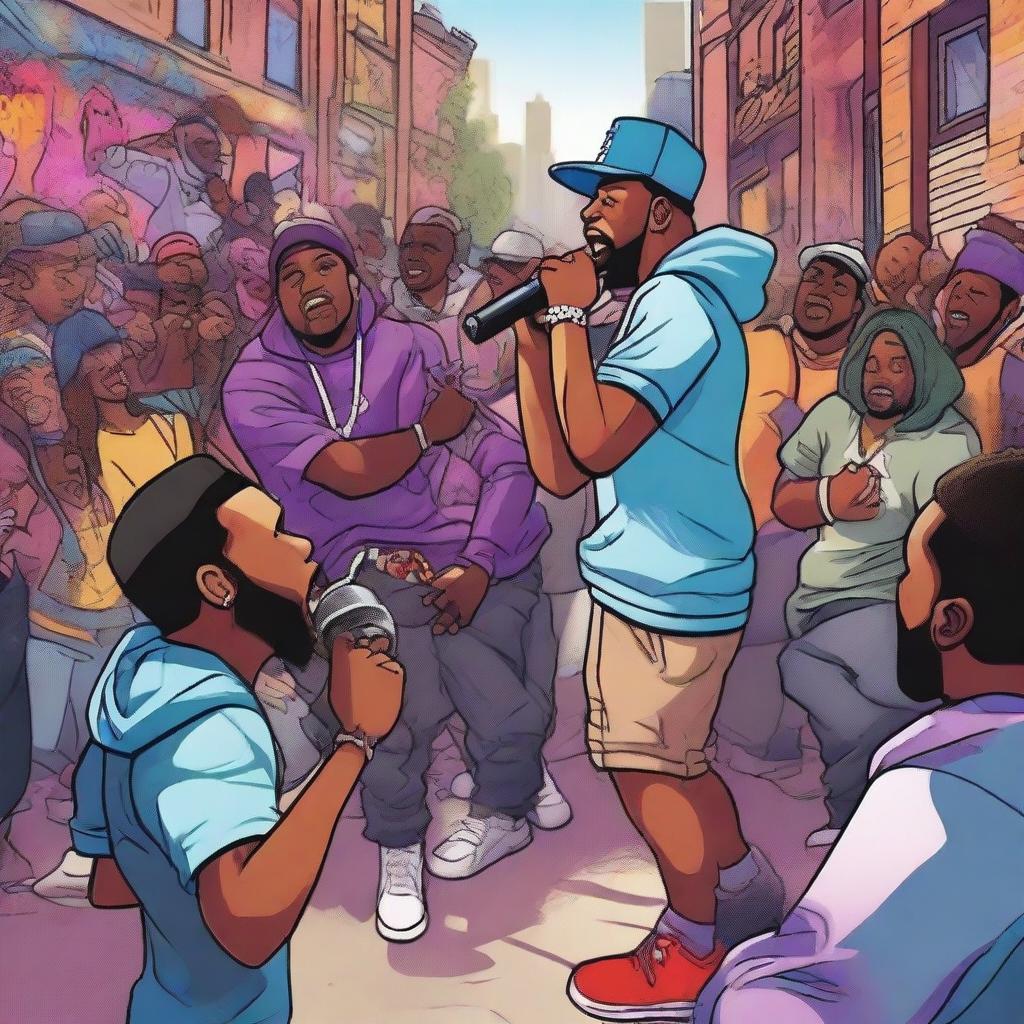 A vibrant and energetic scene of a rap battle taking place in an urban setting