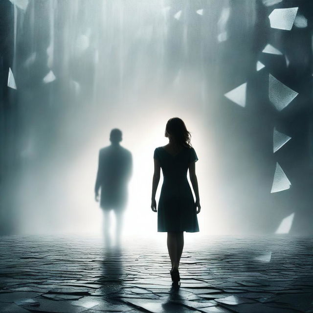 A book cover featuring a woman seen from the back walking on shards of glass, with a man in the background looking at her