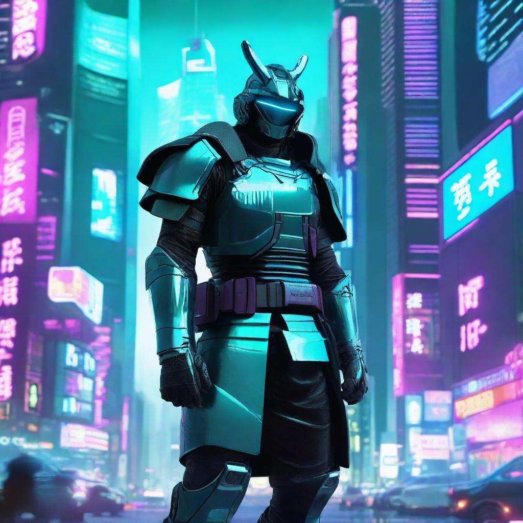 A cyberpunk samurai wearing turquoise-colored armor, standing in a neon-lit futuristic cityscape