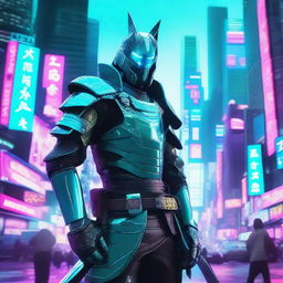 A cyberpunk samurai wearing turquoise-colored armor, standing in a neon-lit futuristic cityscape