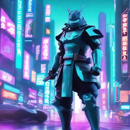 A cyberpunk samurai wearing turquoise-colored armor, standing in a neon-lit futuristic cityscape